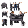 Lightweight double wagon stroller for two kids and cargo, with canopy, tray, cup holder, adjustable handle, and 5-point harness.