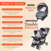 Baby Trend infant and toddler double stroller with car seat, lightweight and portable travel system in stormy color, tandem design.