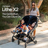 Mompush Lithe double stroller with spacious recline seats, lightweight design, easy fold, and UPF50+ canopy for newborn and toddler.