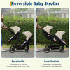 My Store double tandem stroller with reversible seats, adjustable backrests, canopy, 5-point harness, and storage basket.