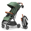 Lightweight Bombi Bēbee V2 baby stroller with vegan leather, one-hand fold, infinite recline, aircraft-grade aluminum frame, and large canopy