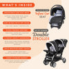 Baby Trend infant and toddler double stroller with car seat, lightweight and portable Stormy 2-piece travel system tandem.