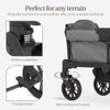 Evolur Trailblazer double stroller in black with all-terrain wheels, foldable design, 5-point harness, removable canopy, and spacious storage.