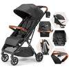 Bombi Bēbee V2 lightweight baby stroller with vegan leather, one-hand fold, infinite recline, aluminum frame, XXL canopy, and storage.