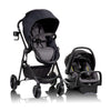 Evenflo Pivot Modular Travel System with SafeMax Car Seat, featuring a stroller with adjustable seat and car seat attachment.