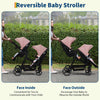 Black tandem stroller with double bassinet, reversible seats, adjustable canopies, one-hand fold, and large storage basket.