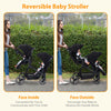 Black tandem stroller with reversible seats, adjustable canopies, large storage basket, and one-hand fold for twins and newborns.