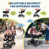 Pink double stroller for newborn and toddler with adjustable recline, canopy, lightweight fold, and parent cup holders.