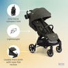 Joie Nutmeg compact stroller in shale color, lightweight with one-hand fold, suitable for easy travel and everyday use.