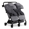 Mompush Lithe double stroller with lightweight design, spacious seats, recline, easy fold, and UPF50+ canopy for newborns and toddlers.