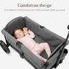 Evolur Trailblazer double stroller in black with all-terrain wheels, foldable design, 5-point harness, removable canopy, and spacious storage.