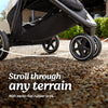 Gray Graco Outpace LX all-terrain 3-wheel baby stroller with rubber tires, one-hand fold, and in-seat suspension for smooth rides.