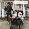 Jeep Destination Ultralight Side-by-Side Double Stroller in Midnight with two seats and adjustable canopies, lightweight and sturdy.