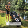Jeep Destination Ultralight Side-by-Side Double Stroller in Midnight, featuring two seats with safety harnesses and adjustable canopies.